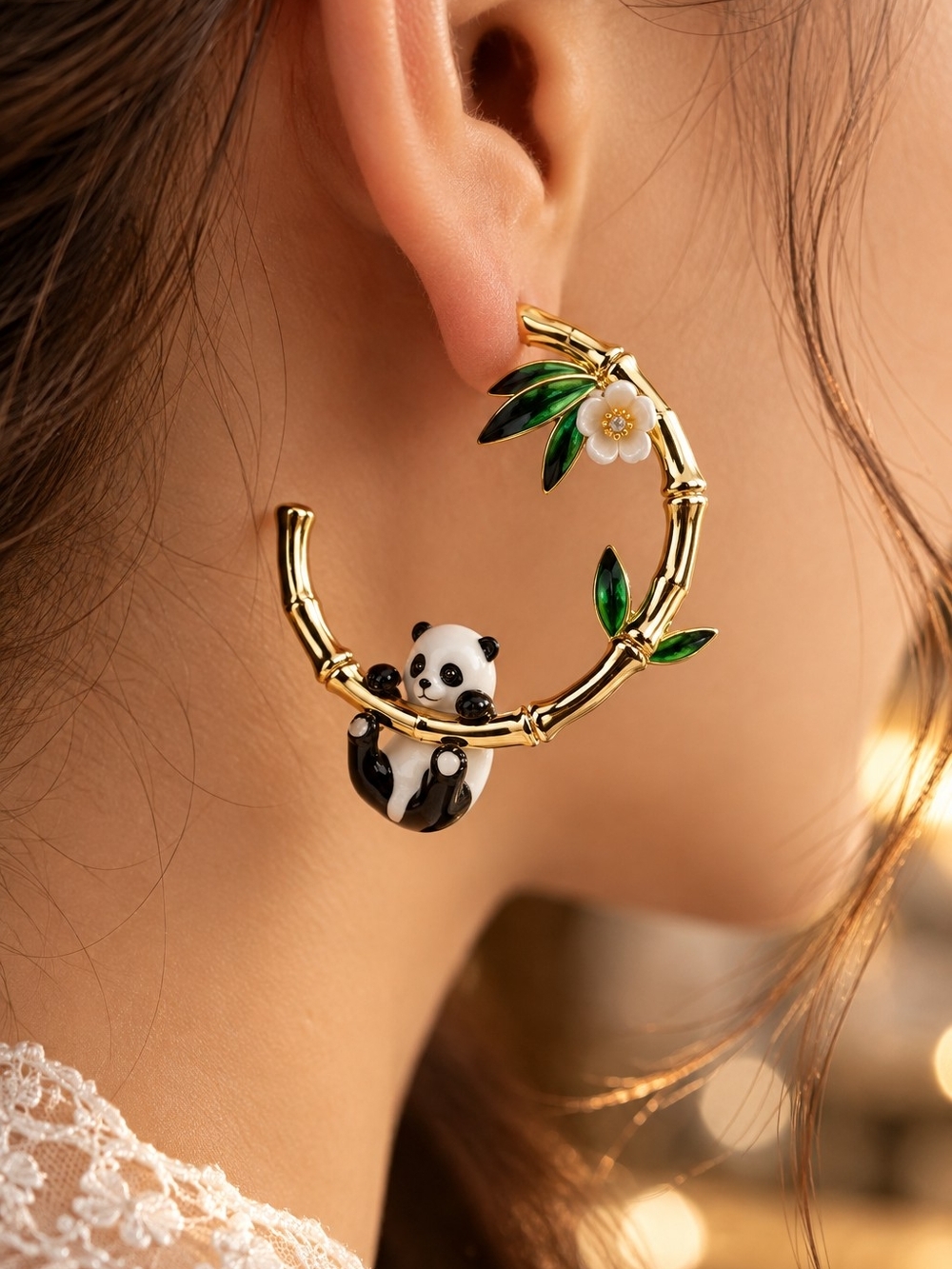Gold Panda Bamboo Hoop Earrings with Green Enamel Leaves